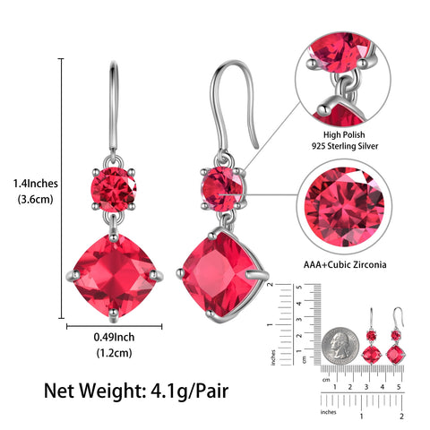 July Birthstone Earrings 925 Sterling Silver Women Long Dangling Earrings Ruby Cushion Red Crystal Jewelry Mother Birthday Gift - Aurora Tears