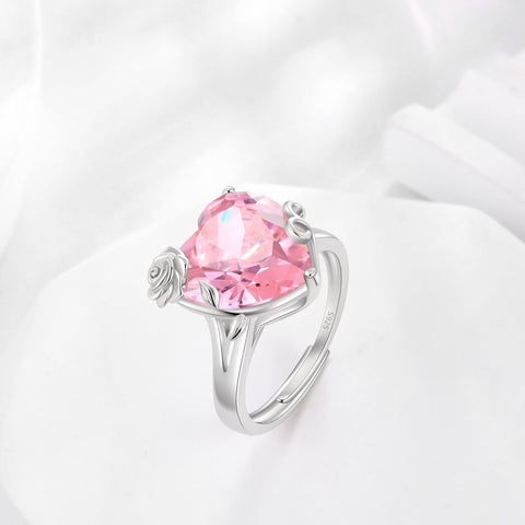 9Ct Women Heart Ring 925 Sterling Silver Rose Flower October Birthstone Tourmaline Pink Solitaire Ring Jewelry Mother Birthday Valentine's Day Gift - Aurora Tears
