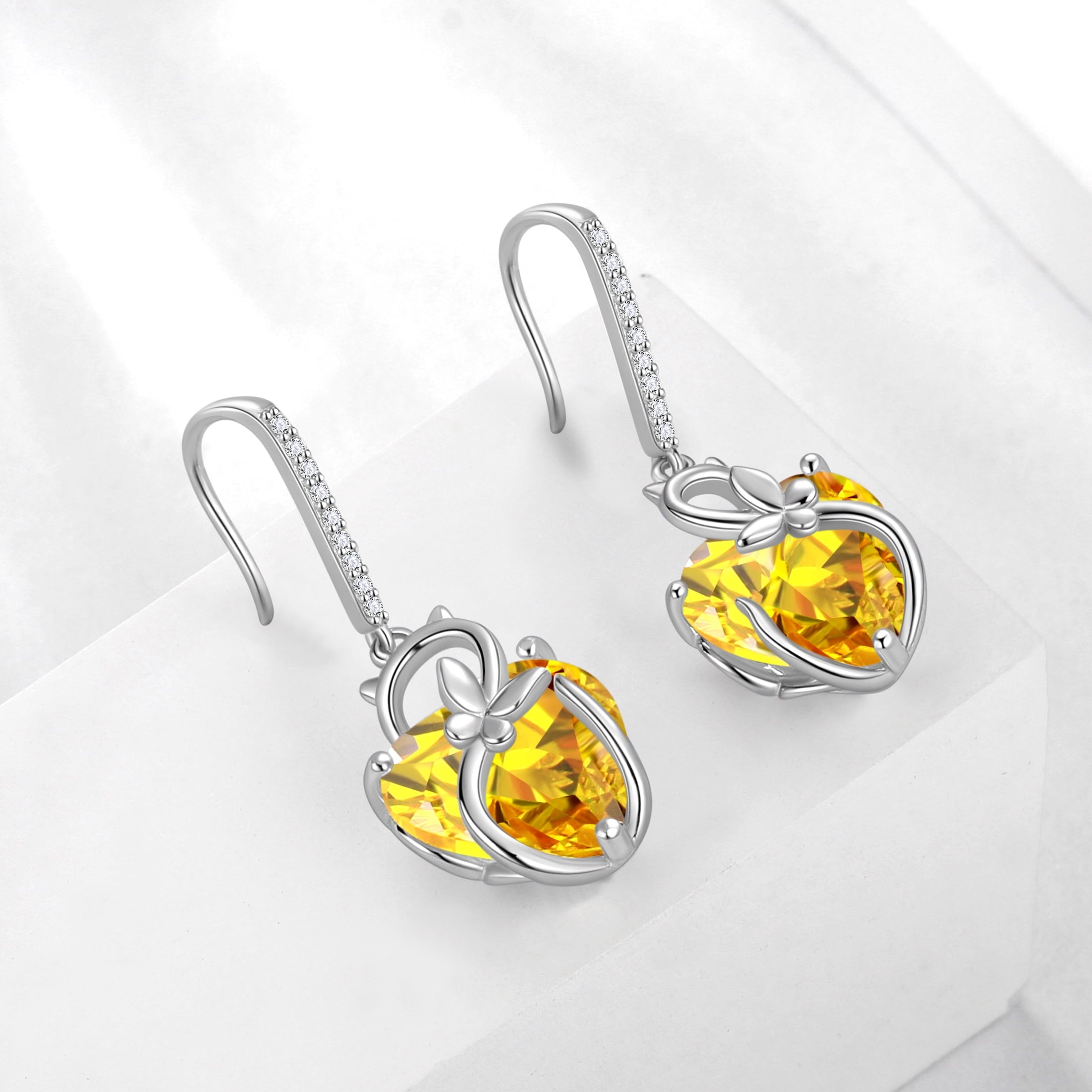 Cat Butterfly Earrings for Women 925 Sterling Silver Earrings Dangle Drop Hook Yellow Heart Citrine November Birthstone Jewelry Christmas Valentines Birthday Mothers Day Gifts for Mom Wife - Aurora Tears
