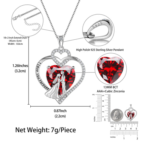 Couple Necklace for Women 925 Sterling Silver Heart January Birthstone Pendant Engraved Bridal Wedding Engagement Jewelry Valentines Gifts for Her Wife Girlfriend - Aurora Tears