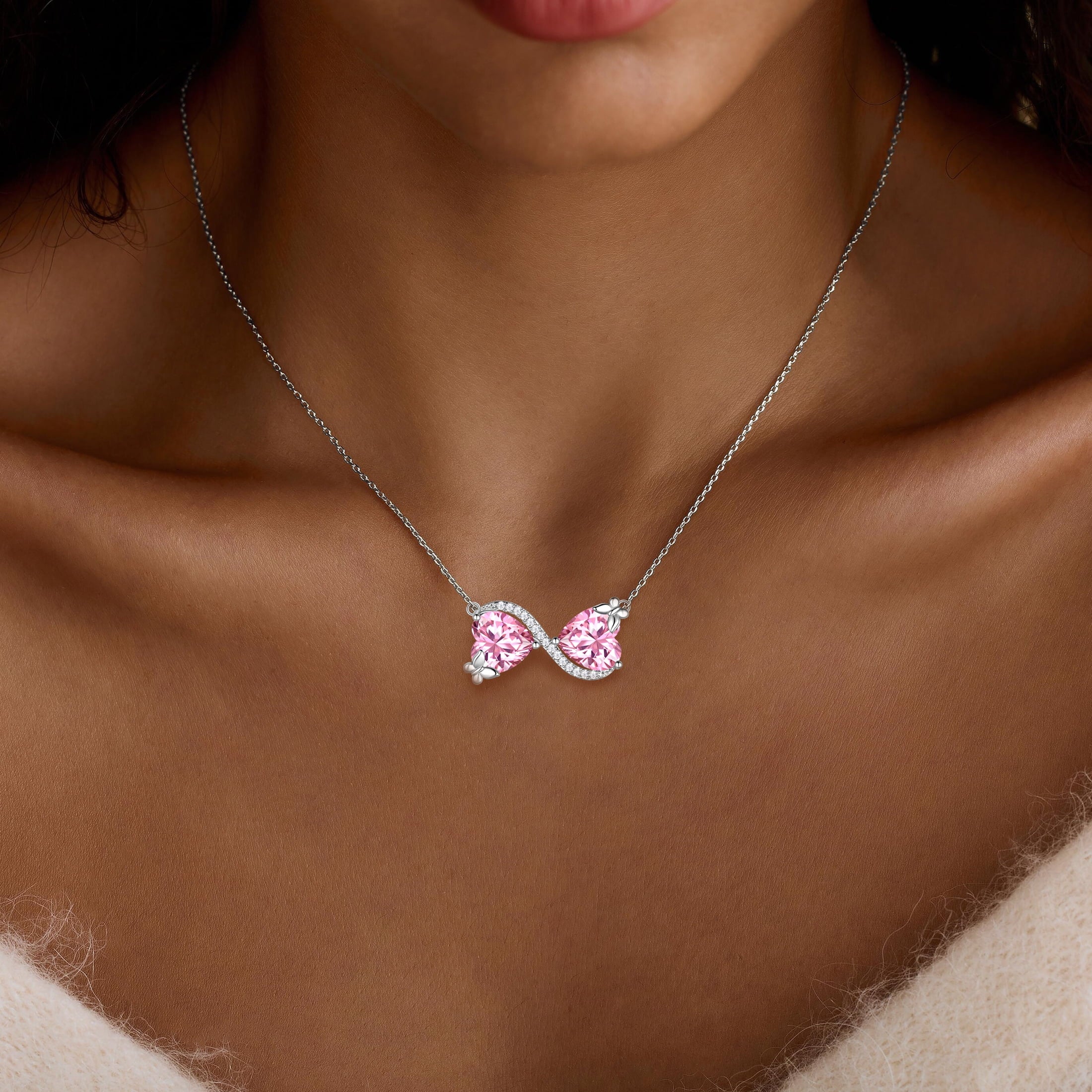 Women Infinity Heart Butterfly Necklace October Birthstone Tourmaline Pink Pendant Mother Wife Jewelry Christmas Birthday Valentines Gift - Aurora Tears