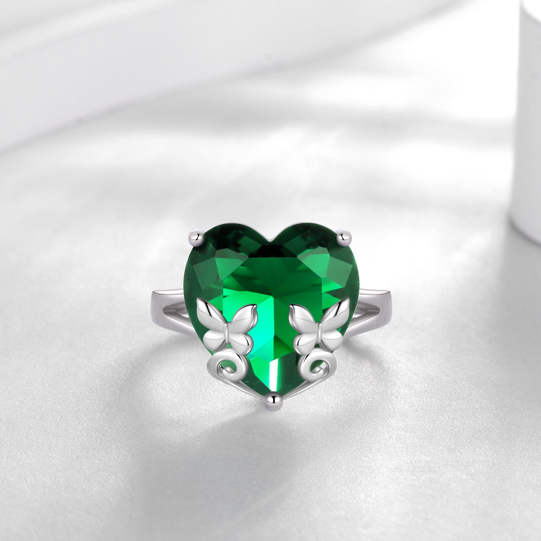 9Ct Women Heart Ring 925 Sterling Silver Butterfly May Birthstone Emerald Green Solitaire Ring Jewelry Birthday Mother's Day Gift - Aurora Tears