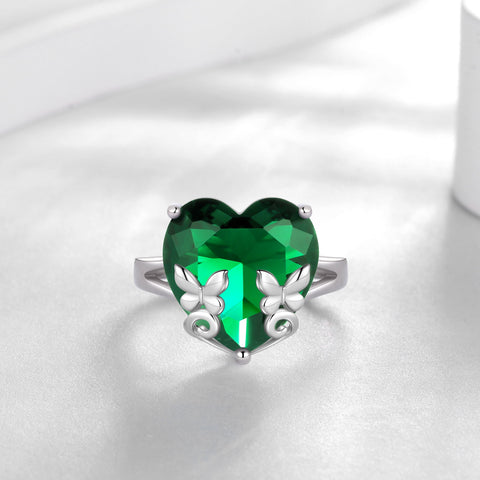 9Ct Women Heart Ring 925 Sterling Silver Butterfly May Birthstone Emerald Green Solitaire Ring Jewelry Birthday Mother's Day Gift - Aurora Tears