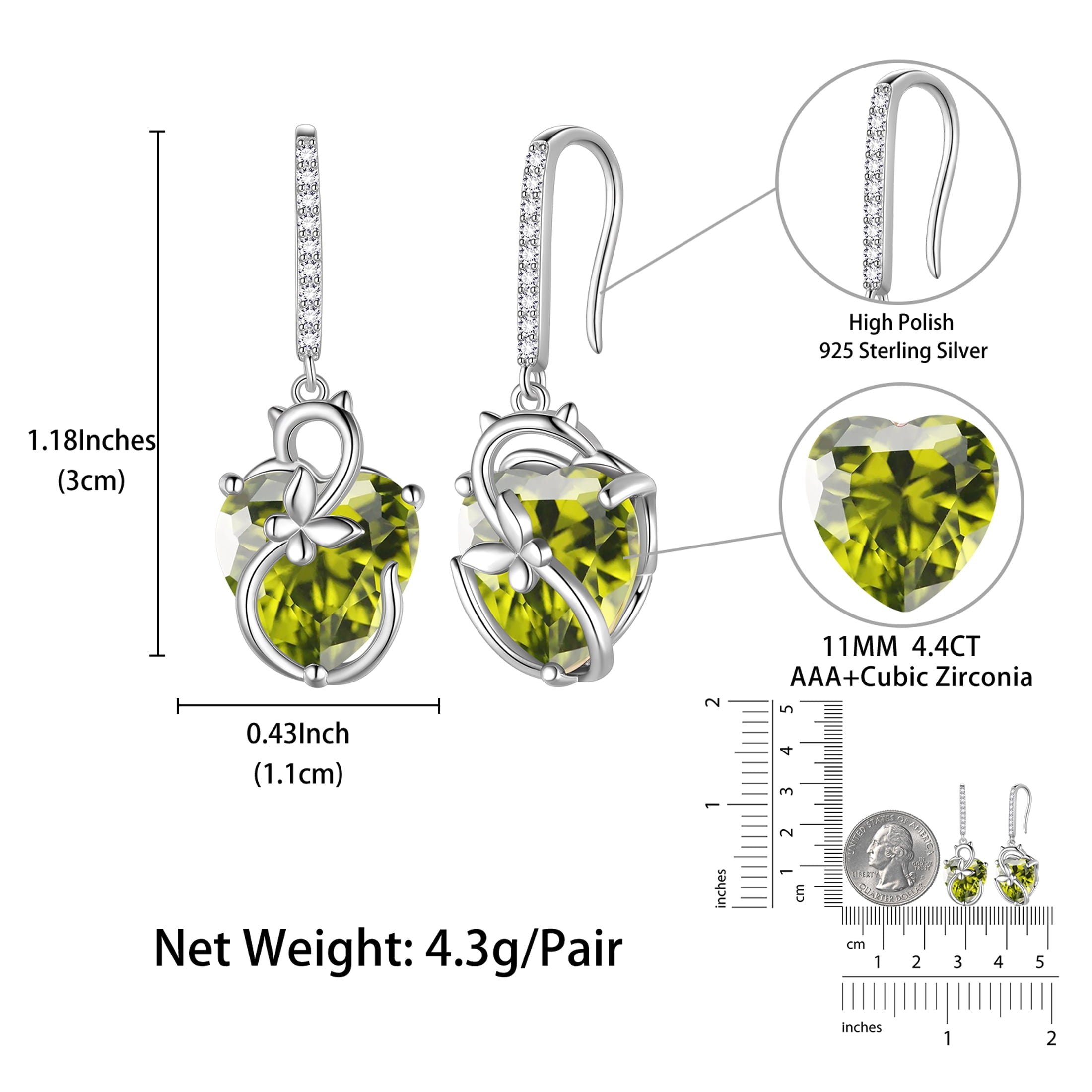 Cat Butterfly Earrings for Women 925 Sterling Silver Earrings Dangle Drop Hook Green Heart Peridot August Birthstone Jewelry Christmas Birthday Valentines Mothers Day Gift for Mom Grandma - Aurora Tears