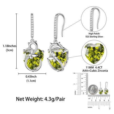 Cat Butterfly Earrings for Women 925 Sterling Silver Earrings Dangle Drop Hook Green Heart Peridot August Birthstone Jewelry Christmas Birthday Valentines Mothers Day Gift for Mom Grandma - Aurora Tears