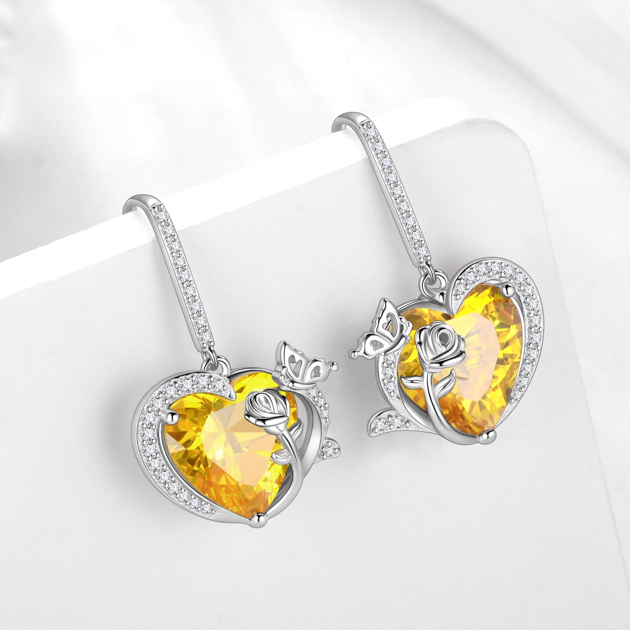 Women November Birthstone Drop Earrings Heart Citrine Yellow Butterfly Rose Jewelry 925 Sterling Silver Hook Mom Christmas Birthday Gift - Aurora Tears