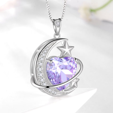 13MM Women Moon and Star Necklace Heart June Birthstone 925 Sterling Silver Celestial Pendant Purple Alexandrite Jewelry Christmas Birthday Valentines Gift for Her/Wife/Mom - Aurora Tears