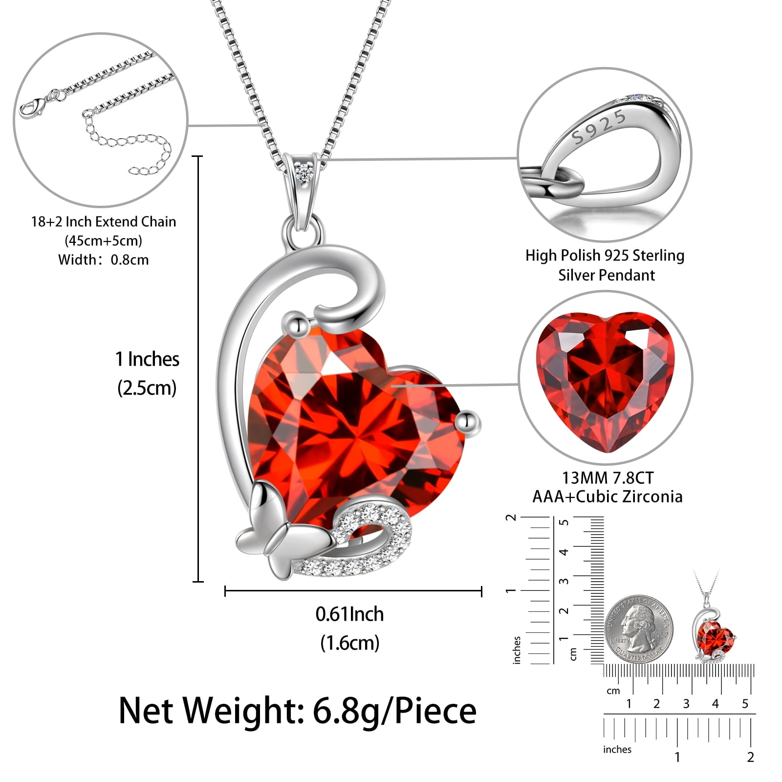 January Birthstone Heart Necklace Butterfly Pendant Red Garnet 925 Sterling Silver Jewelry Mother Women Birthday Christmas Valentine's Day Gift for Her - Aurora Tears