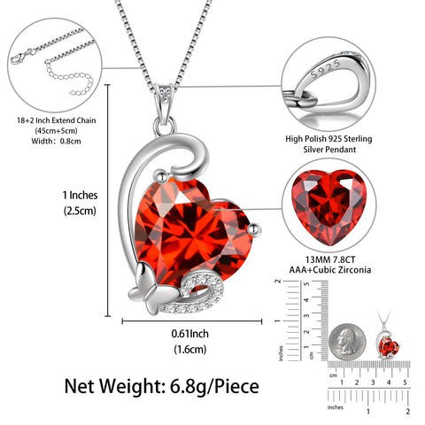 January Birthstone Heart Necklace Butterfly Pendant Red Garnet 925 Sterling Silver Jewelry Mother Women Birthday Christmas Valentine's Day Gift for Her - Aurora Tears