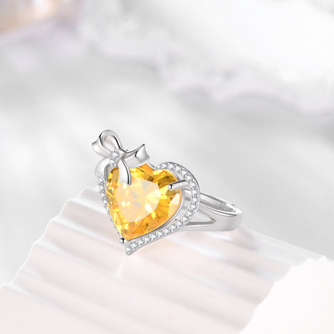 6Ct Heart Women Ring Bow Kont Ribbon 925 Sterling Silver November Birthstone Citrine Ring Jewelry Christmas Birthday Valentines Gift for Mother Grandma - Aurora Tears