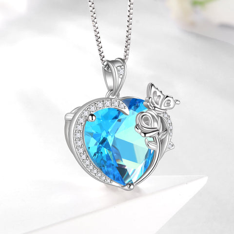 Women Heart Necklace Butterfly Rose Flower Pendant March Birthstone Aquamarine Blue Jewelry 925 Sterling Silver Wife Mother Birthday Gifts - Aurora Tears