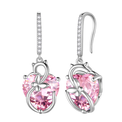 Juwaliy Cat Butterfly Earrings for Women 925 Sterling Silver Earrings Dangle Drop Hook Heart Birthstone Jewelry Birthday Valentines Mother's Day Gifts
