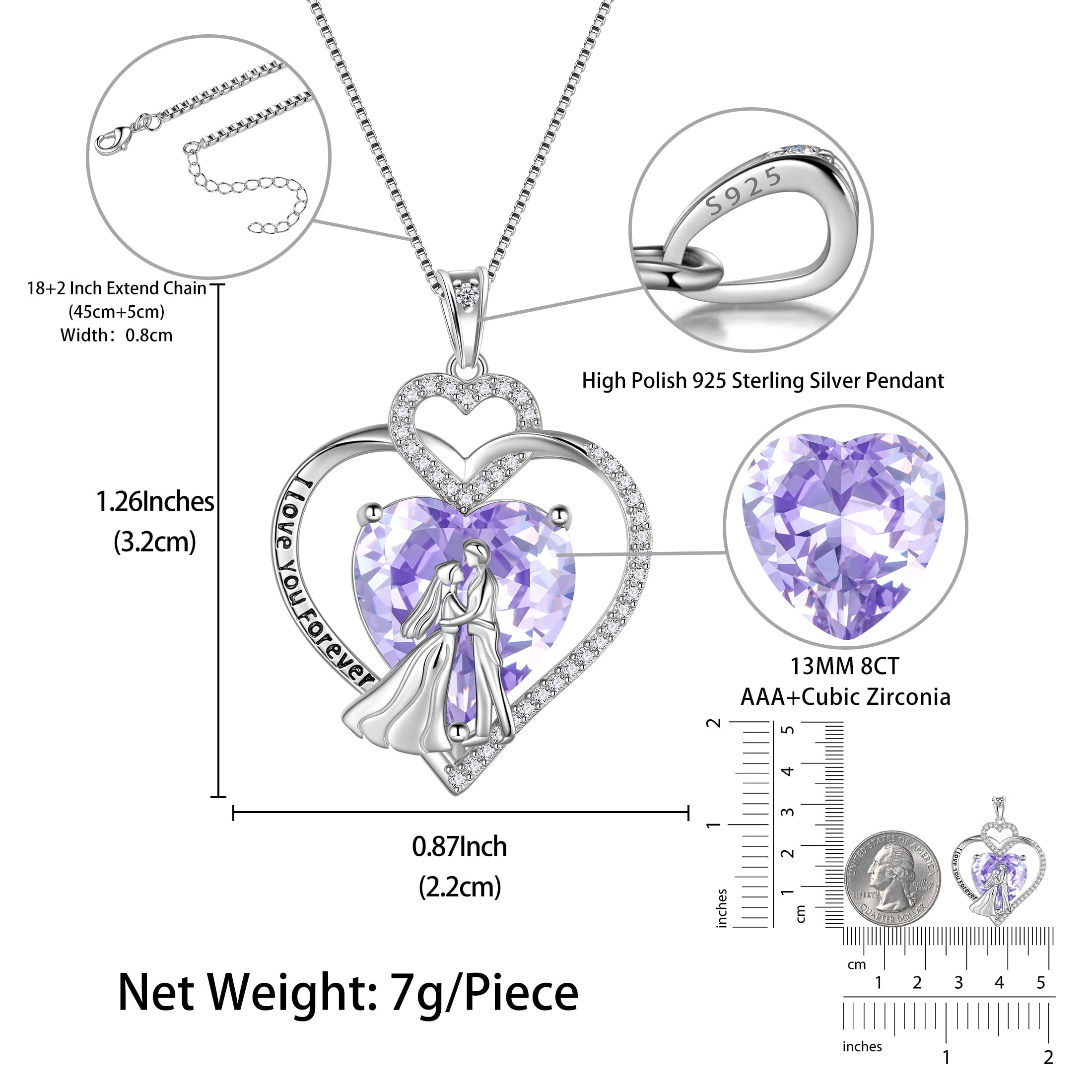 Couple Necklace for Women 925 Sterling Silver Heart June Birthstone Pendant Love You Forever Wedding Engagement Bridal Jewelry Valentines Gift for Wife Girlfriend - Aurora Tears