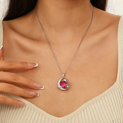 13MM Women Moon and Star Necklace Heart July Birthstone 925 Sterling Silver Pendant Red Ruby Celestial Jewelry Christmas Birthday Valentine's Day Gift for Her/Wife/Mother - Aurora Tears