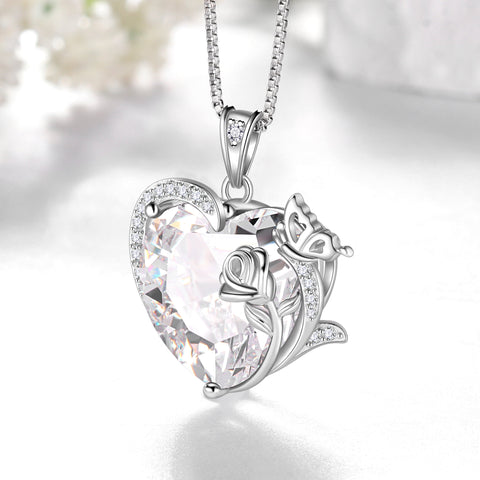 Women Heart Necklace Butterfly Rose Flower Pendant April Birthstone Diamond Crystal Wedding Bridal Jewelry 925 Sterling Silver Wife Mom Gift - Aurora Tears