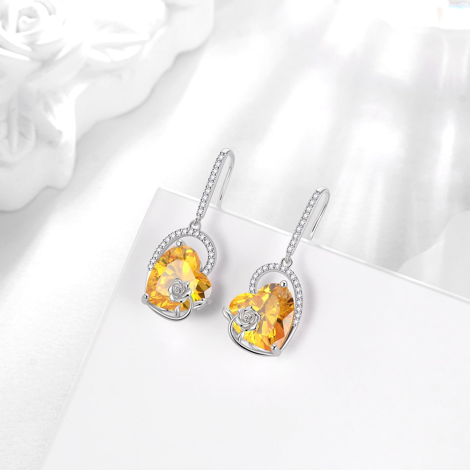 925 Sterling Silver Earrings Women Heart November Birthstone Hook Dangle Earring Citrine Yellow Rose Flower Jewelry Mother Wife Christmas Birthday Gift - Aurora Tears