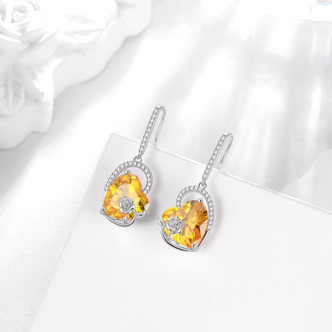925 Sterling Silver Earrings Women Heart November Birthstone Hook Dangle Earring Citrine Yellow Rose Flower Jewelry Mother Wife Christmas Birthday Gift - Aurora Tears