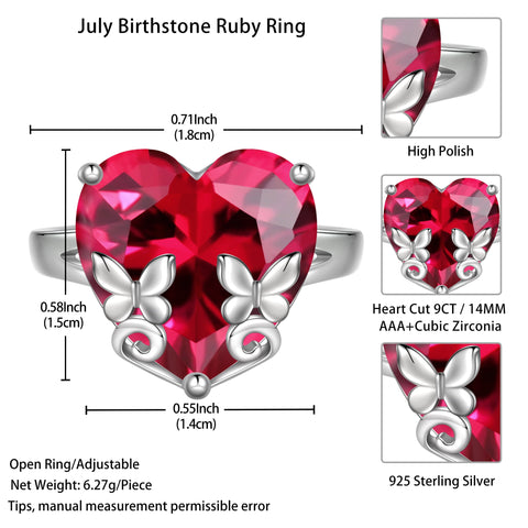 9Ct Women Heart Ring 925 Sterling Silver Butterfly July Birthstone Ruby Red Solitaire Ring Jewelry Mother Birthday Valentine's Day Gift - Aurora Tears