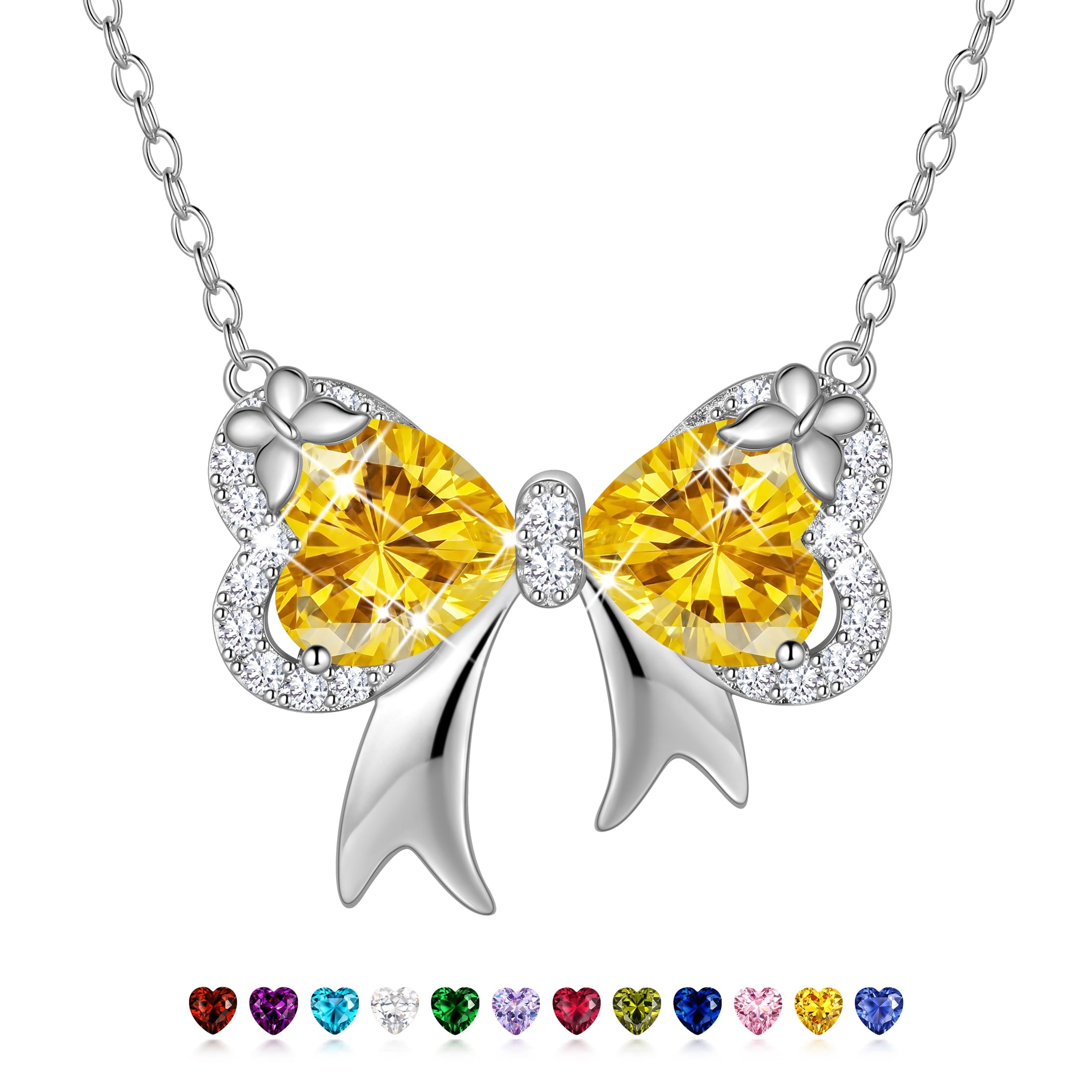 Juwaliy Silver Plated Buttefly Necklace for Women, November Birthstone Citrine Yellow Bow Tie Pendant Jewelry Christmas Birthday Valentines Gift for Mother/Wife/Daughter