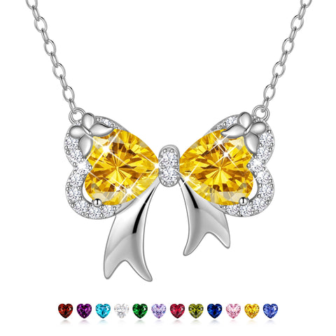 Juwaliy Silver Plated Buttefly Necklace for Women, November Birthstone Citrine Yellow Bow Tie Pendant Jewelry Christmas Birthday Valentines Gift for Mother/Wife/Daughter
