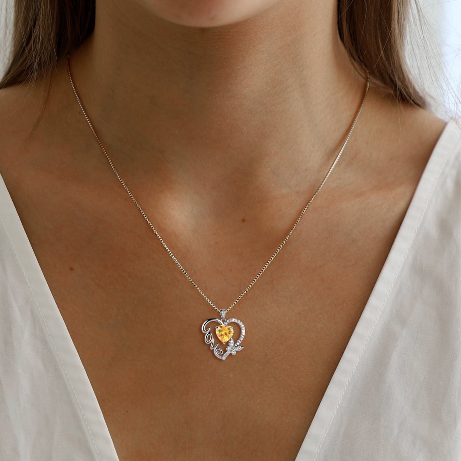 Women Yellow Love Heart Necklace Butterfly November Birthstone Necklace Citrine 925 Sterling Silver Pendant Jewelry Christmas Birthday Gifts for Mother - Aurora Tears