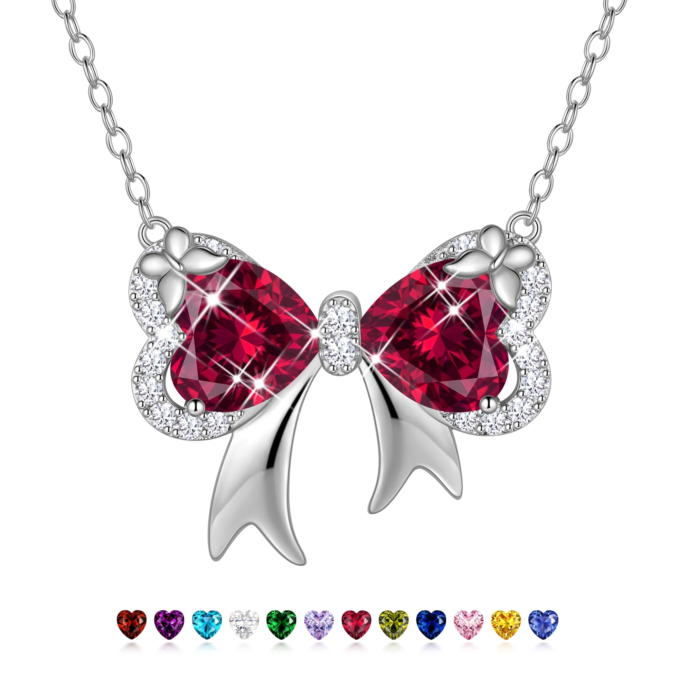 Juwaliy Silver Plated Buttefly Necklace for Women Ruby July Birthstone Red Bow Tie Pendant Jewelry Christmas Birthday Valentines Gift for Mother/Wife/Daughter