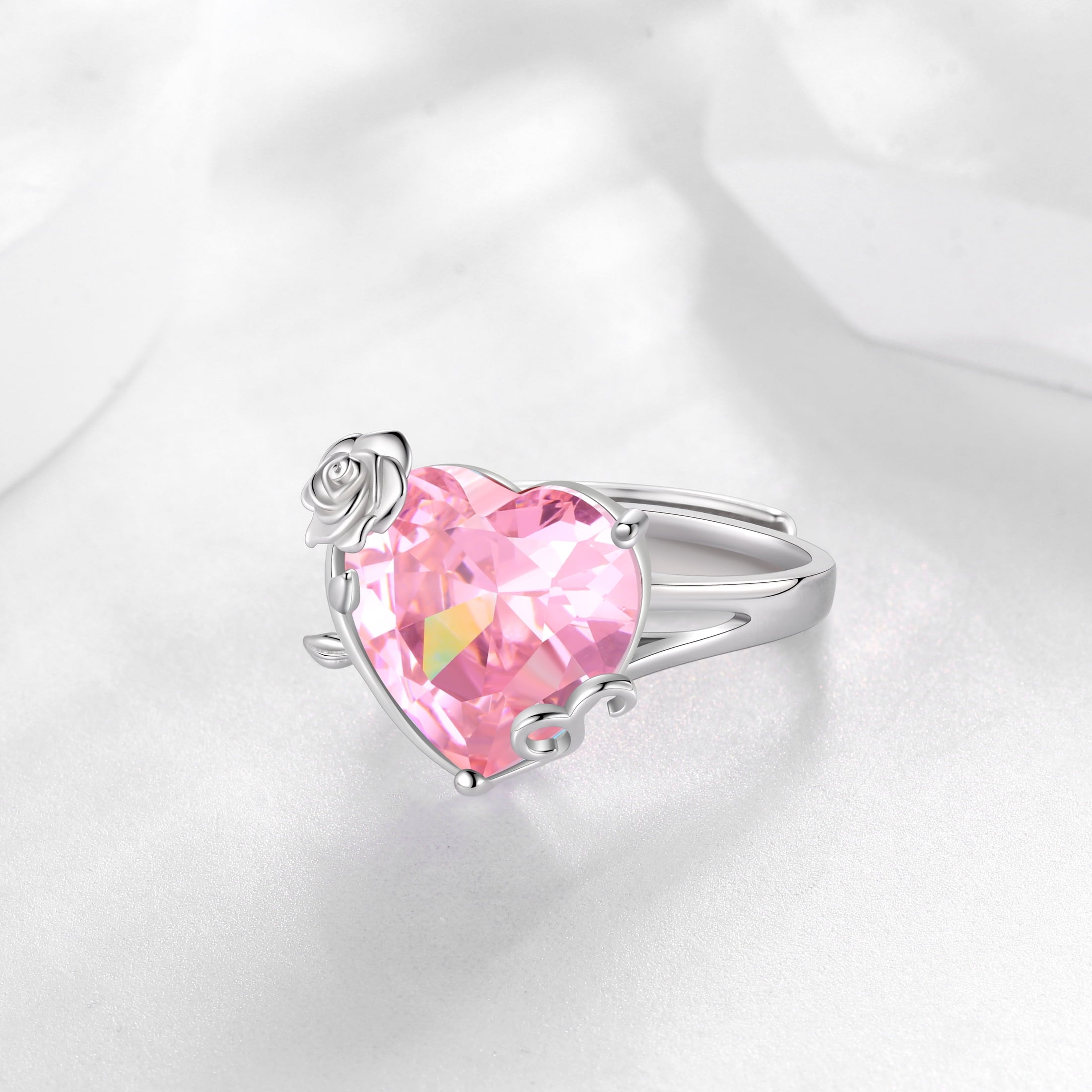 9Ct Women Heart Ring 925 Sterling Silver Rose Flower October Birthstone Tourmaline Pink Solitaire Ring Jewelry Mother Birthday Valentine's Day Gift - Aurora Tears