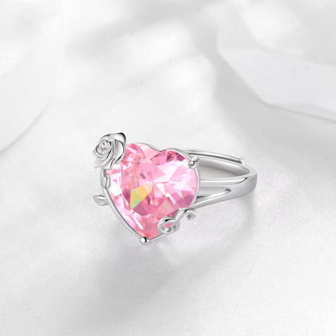 9Ct Women Heart Ring 925 Sterling Silver Rose Flower October Birthstone Tourmaline Pink Solitaire Ring Jewelry Mother Birthday Valentine's Day Gift - Aurora Tears