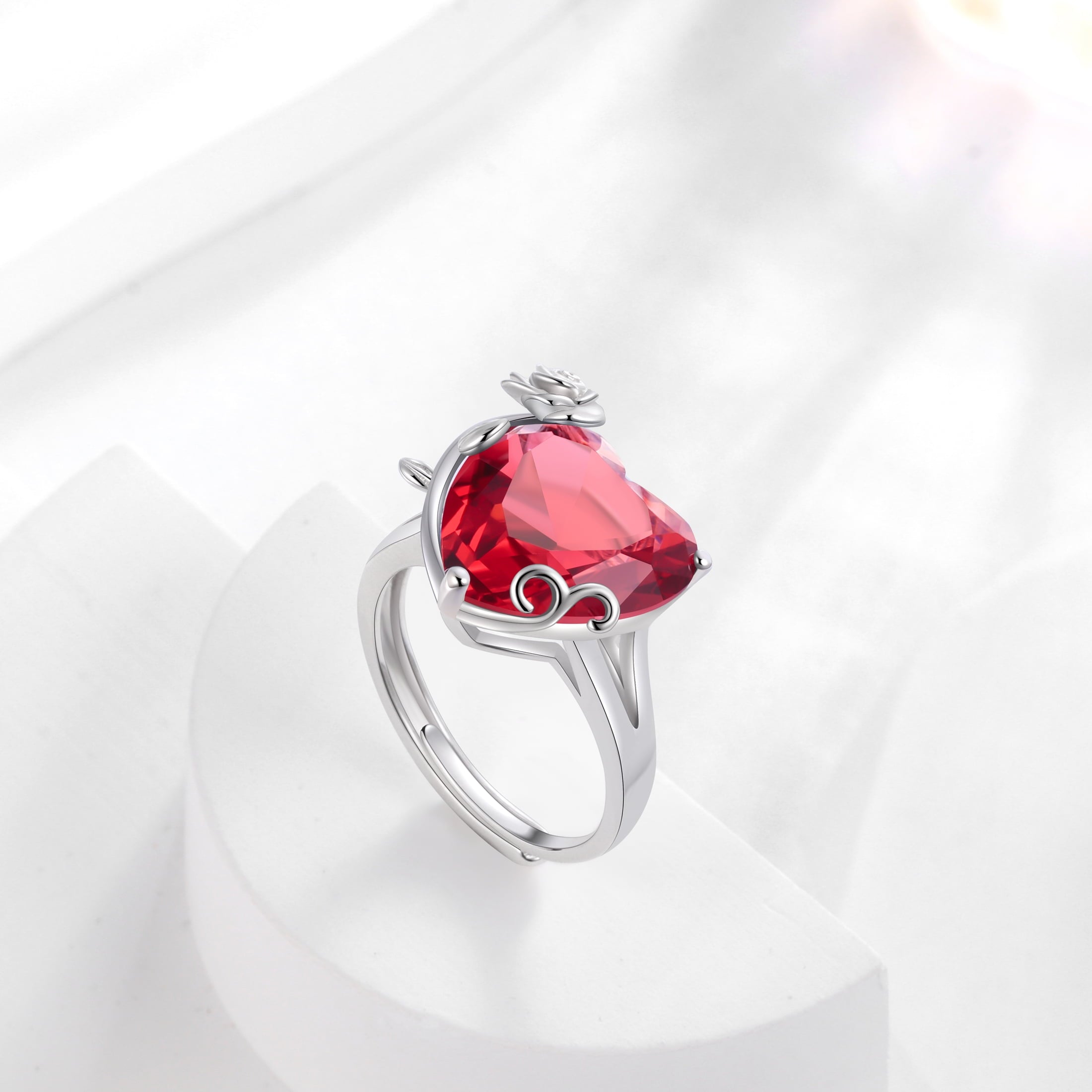 9Ct Women Heart Ring 925 Sterling Silver Rose Flower July Birthstone Ruby Red Solitaire Ring Jewelry Mother Birthday Valentine's Day Gift - Aurora Tears