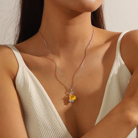 November Birthstone Heart Necklace Butterfly Pendant Citrine Jewelry Yellow CZ 925 Sterling Silver Mother Christmas Birthday Gift for Women - Aurora Tears
