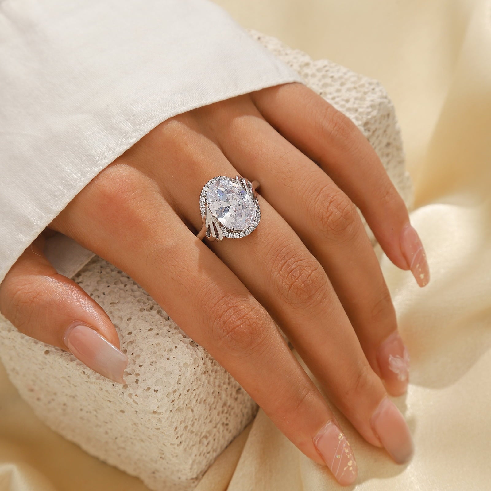 8Ct Halo Oval Engagement Ring 925 Sterling Silver Women April Birthstone Diamond CZ Band Promise Bridal Jewelry Mother Birthday Gift - Aurora Tears