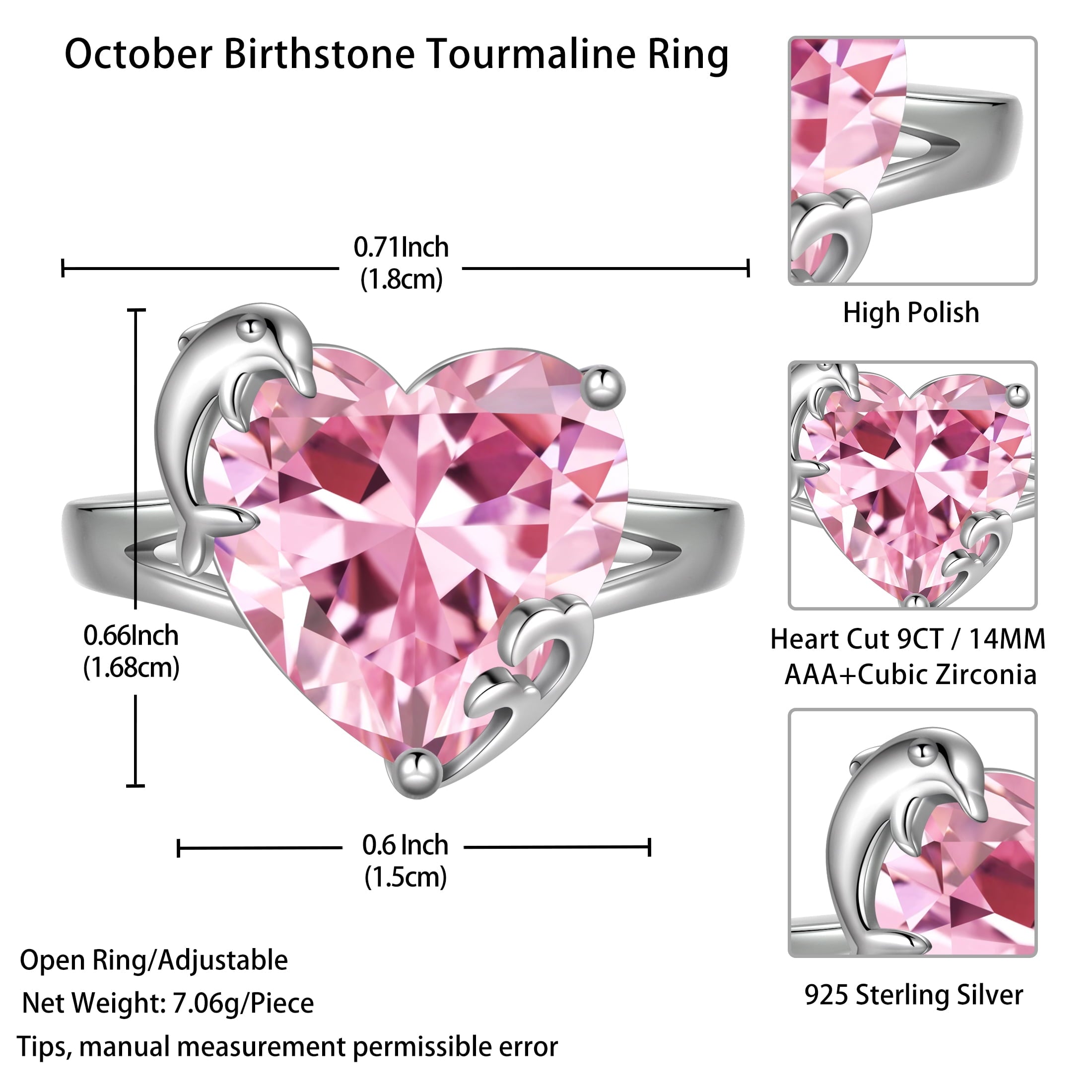 9Ct Women Heart Ring 925 Sterling Silver Dolphin October Birthstone Tourmaline Pink Solitaire Ring Jewelry Mother Birthday Valentine's Day Gifts - Aurora Tears