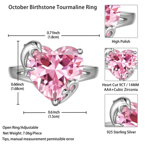 9Ct Women Heart Ring 925 Sterling Silver Dolphin October Birthstone Tourmaline Pink Solitaire Ring Jewelry Mother Birthday Valentine's Day Gifts - Aurora Tears