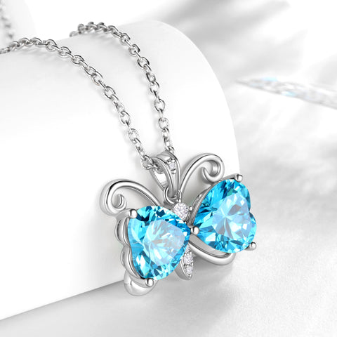 Women Blue Butterfly Necklace Heart March Birthstone Necklace Aquamarine Silver Plated Pendant Jewelry Christmas Birthday Mother's Day Gift - Aurora Tears