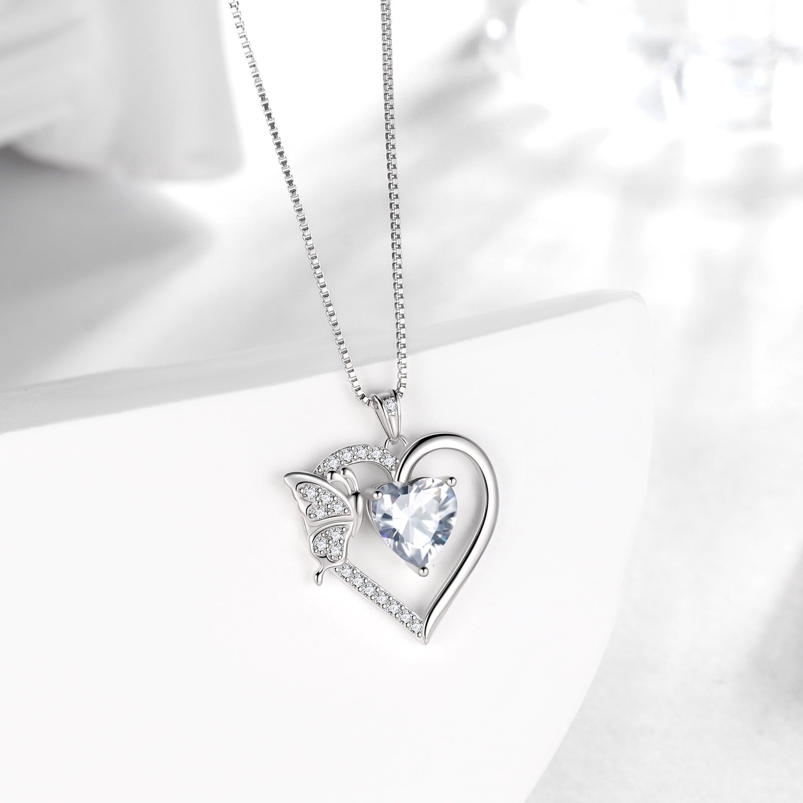 Women White Heart Necklace Butterfly April Birthstone Necklace Diamond Crystal 925 Sterling Silver Pendant Jewelry Birthday Valentine's Day Gift - Aurora Tears