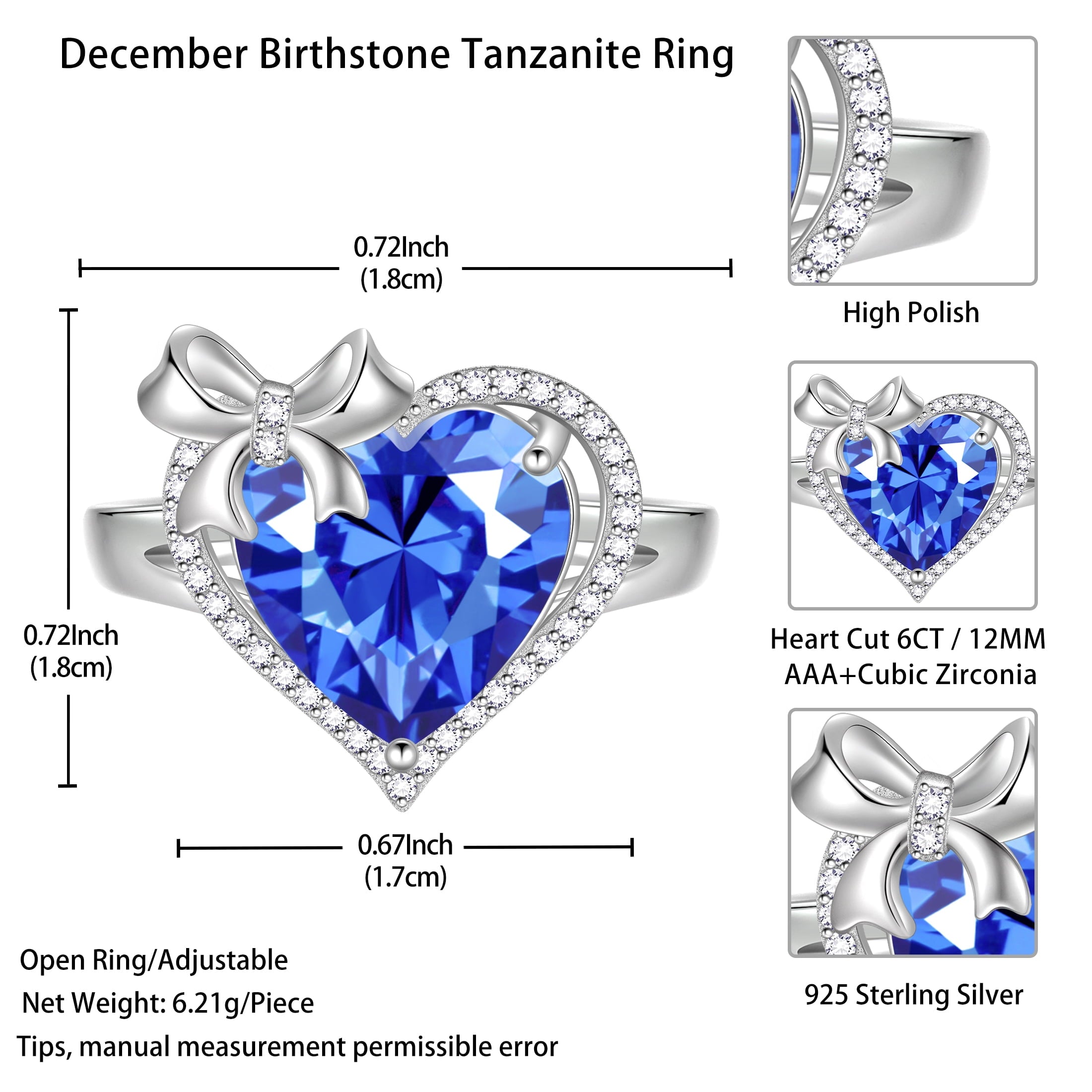 6Ct Heart Women Ring Bow Kont Ribbon 925 Sterling Silver December Birthstone Tanzanite Blue Solitaire Jewelry Mother Christmas Valentines Gift for Her - Aurora Tears