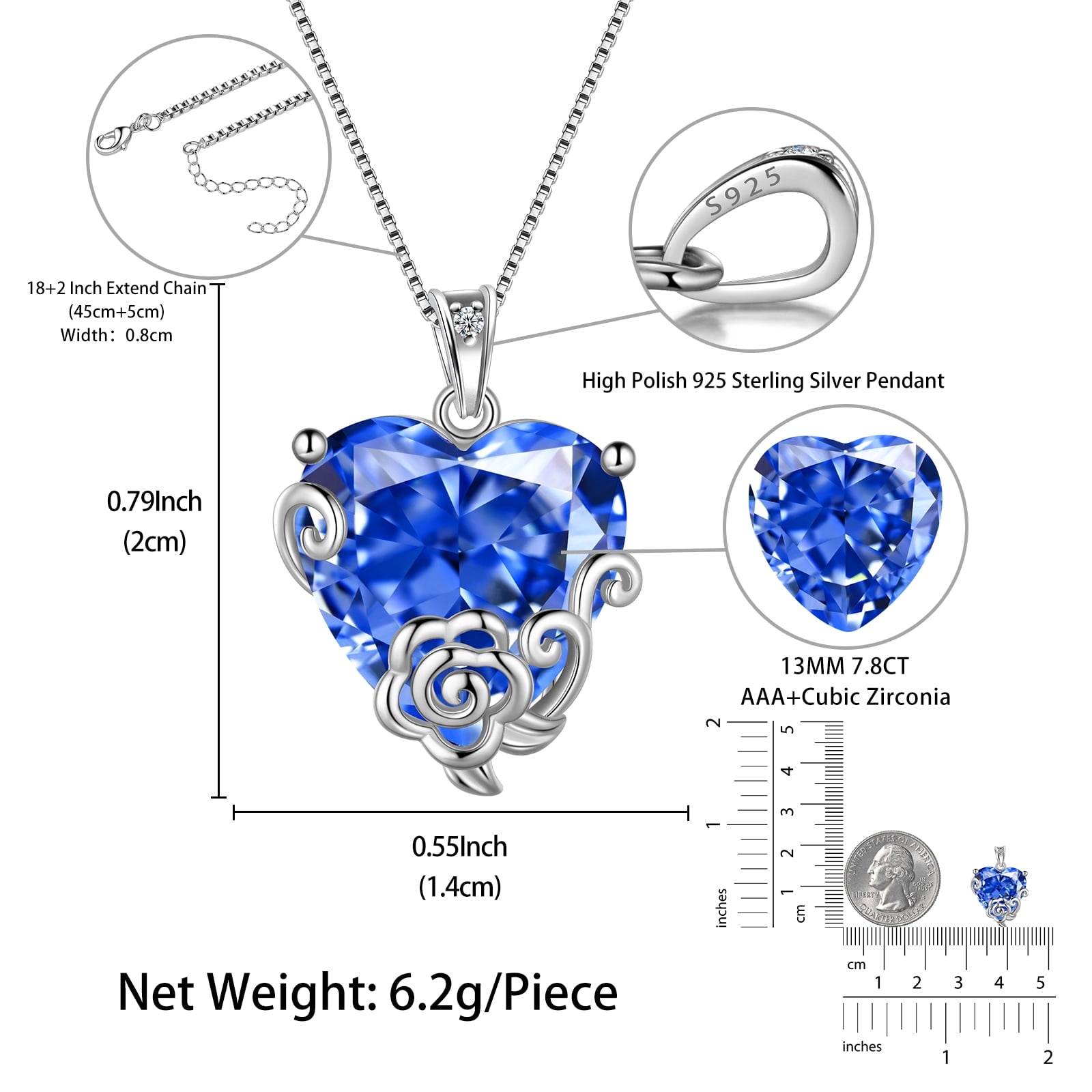 Women Heart Necklace December Birthstone Tanzanite Jewelry 925 Sterling Silver Flower Rose Pendant Mother Christmas Valentines Birthday Gifts - Aurora Tears