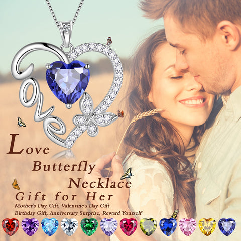 Women Blue Love Heart Necklace Butterfly March Birthstone Necklace Aquamarine CZ 925 Sterling Silver Pendant Jewelry Birthday Mother's Day Gift for Her - Aurora Tears