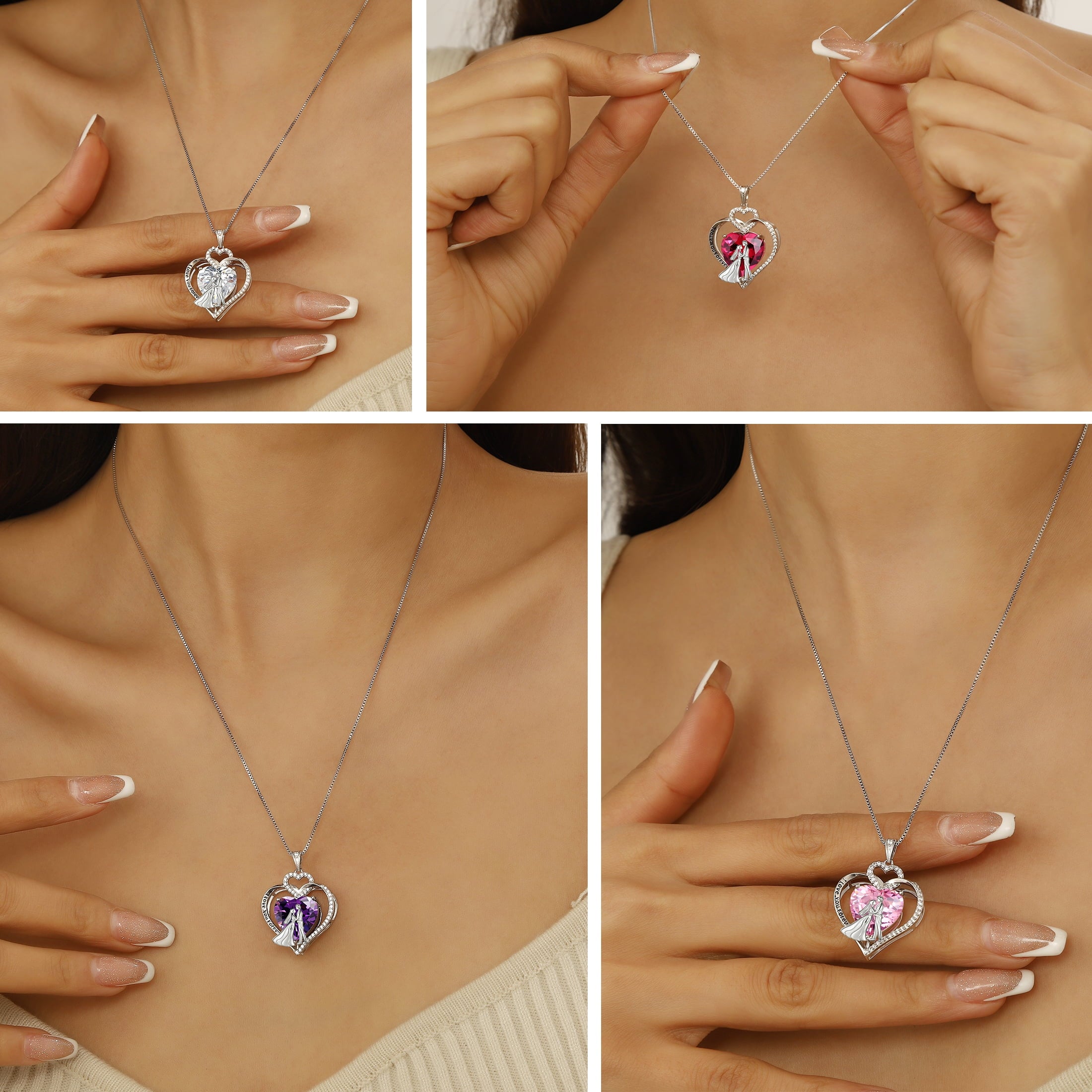 Couple Necklace for Women 925 Sterling Silver Heart February Birthstone Pendant Love Wedding Engagement Jewelry Valentine's Day Gift for Her Wife Girlfriend Bride - Aurora Tears