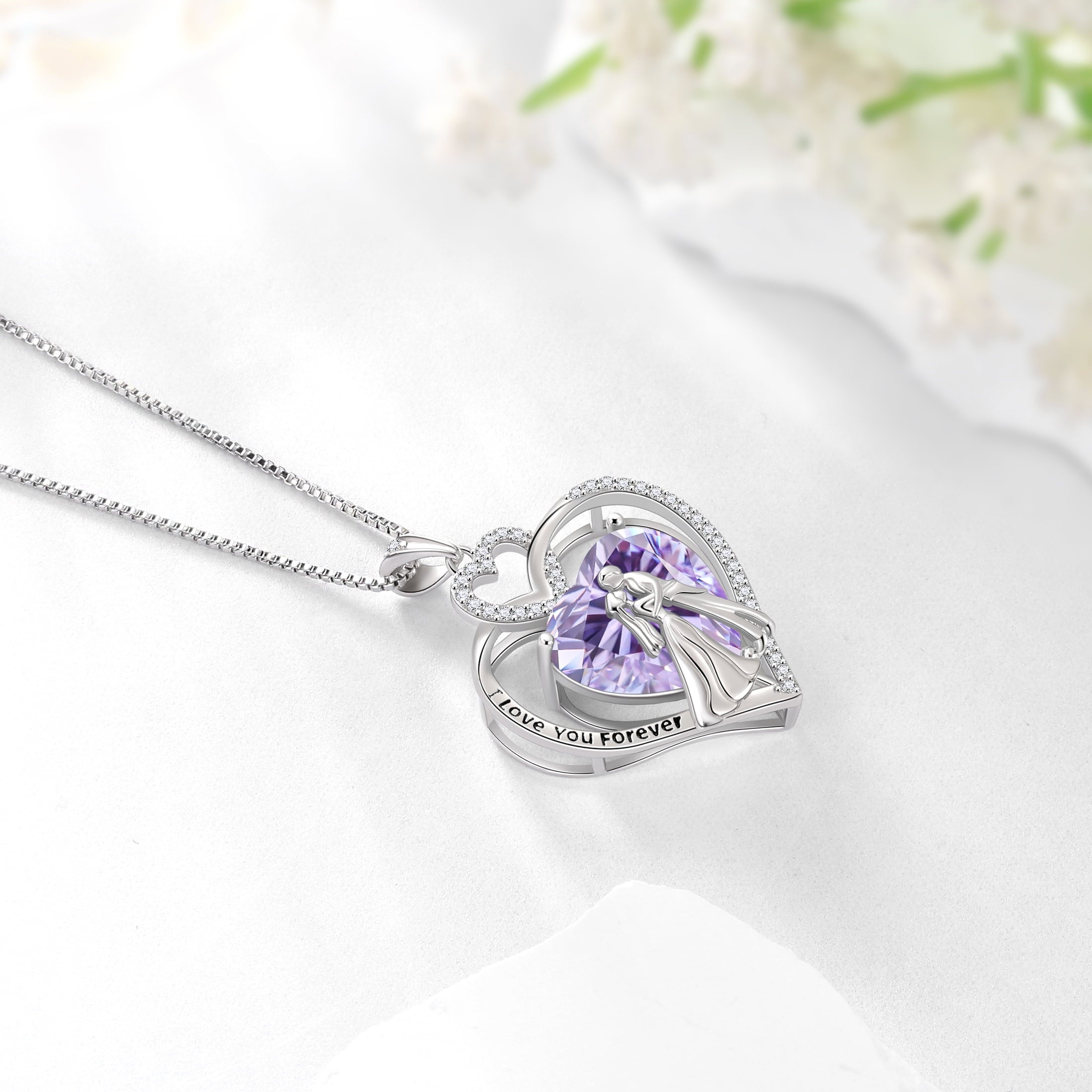 Couple Necklace for Women 925 Sterling Silver Heart June Birthstone Pendant Love You Forever Wedding Engagement Bridal Jewelry Valentines Gift for Wife Girlfriend - Aurora Tears