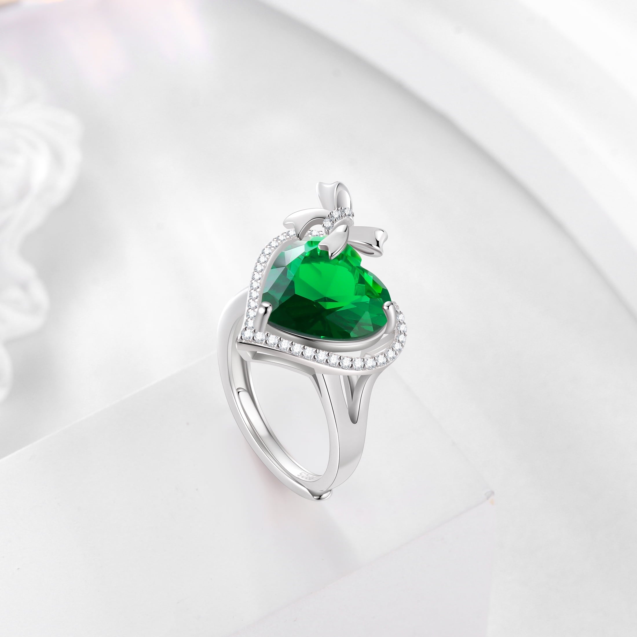 6Ct Heart Women Ring Bow Kont Ribbon 925 Sterling Silver May Birthstone Emerald Ring Green Solitaire Jewelry Valentines Mothers Day Gift for Mom Grandma - Aurora Tears