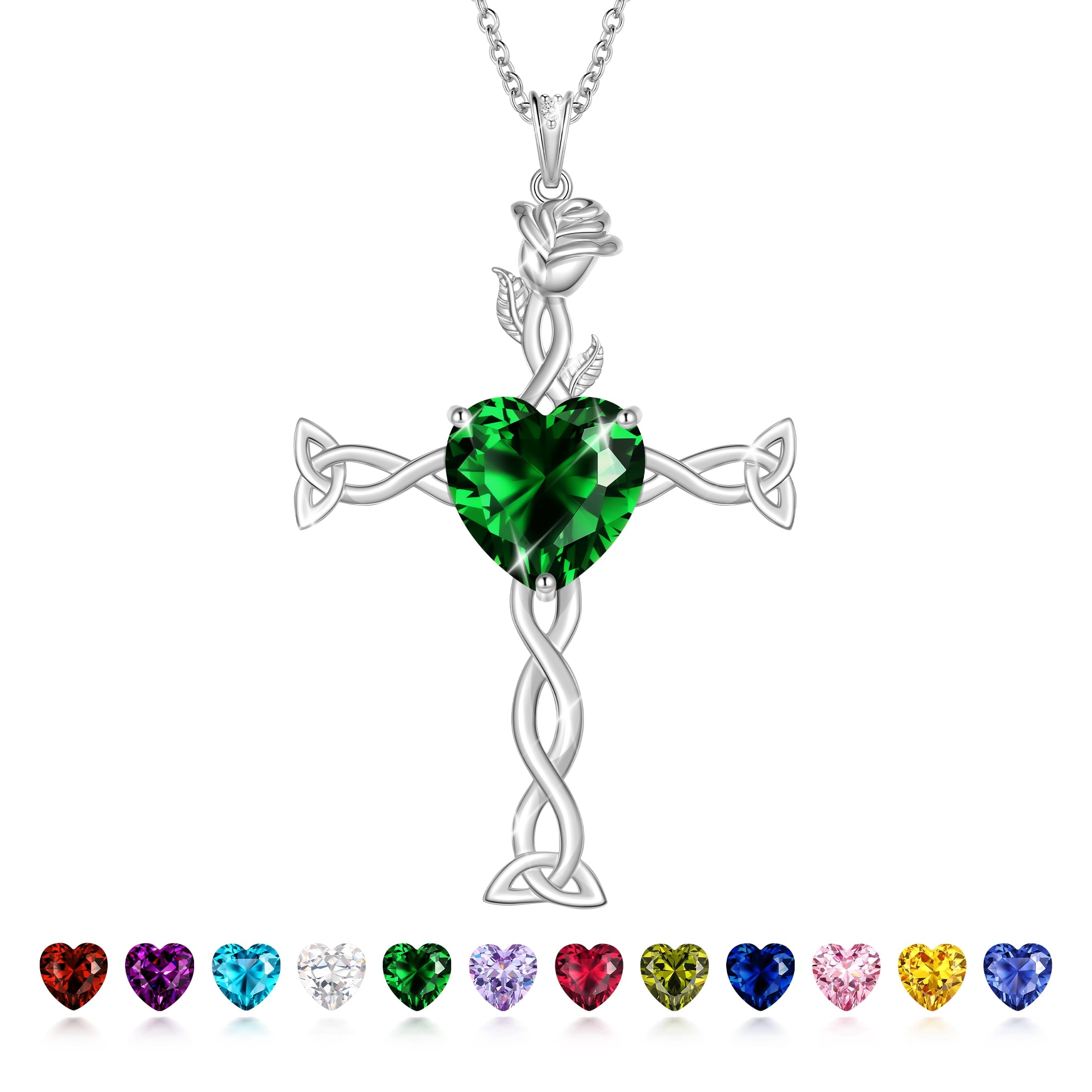 Juwaliy 925 Sterling Silver Plated Celtic Cross Necklace for Women,Birthstone Rose Flower Pendant Irish Jewelry Christmas Valentines Birthday Gift