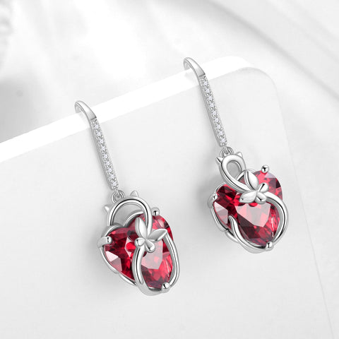 Cat Butterfly Earrings for Women 925 Sterling Silver Earrings Dangle Drop Hook Red Heart Ruby July Birthstone Jewelry Mother Christmas Birthday Valentine's Day Gifts for Wife Girlfriend - Aurora Tears