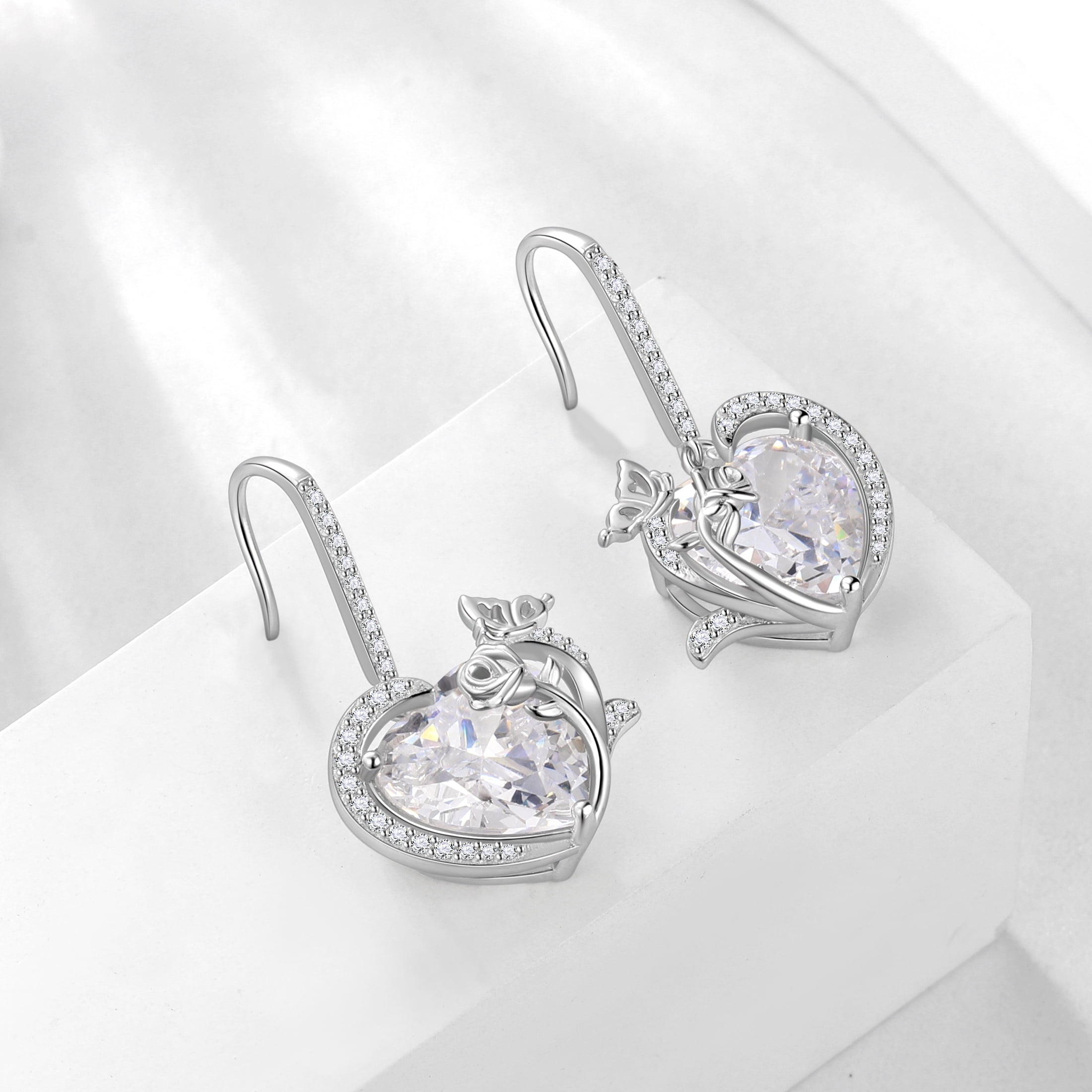 Women April Birthstone Drop Earrings Heart Diamond CZ Wedding Bridal Jewelry Butterfly Rose Flower 925 Sterling Silver Hook Mother Birthday Gift - Aurora Tears