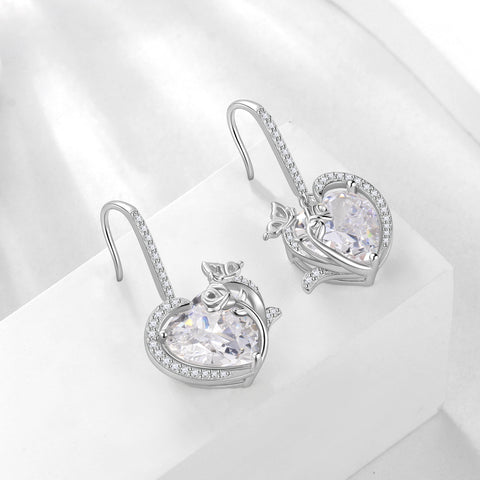 Women April Birthstone Drop Earrings Heart Diamond CZ Wedding Bridal Jewelry Butterfly Rose Flower 925 Sterling Silver Hook Mother Birthday Gift - Aurora Tears