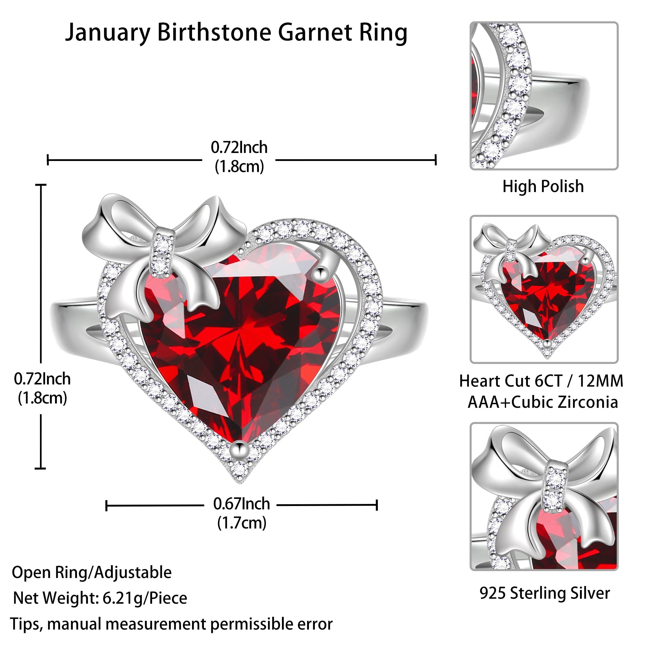 6Ct Heart Women Ring Bow Kont Ribbon 925 Sterling Silver January Birthstone Garnet Ring Red Solitaire Jewelry Mother Wife Birthday Valentine's Day Gift - Aurora Tears