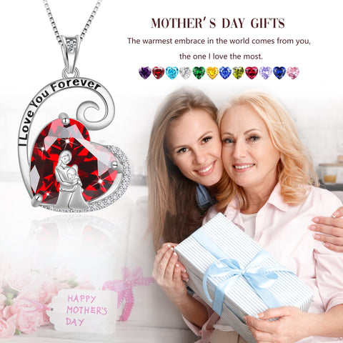 Mother Daughter Necklace 925 Sterling Silver Love Heart Garnet January Birthstone Pendant Jewelry Women Mom Birthday Christmas Mother's Day Gift - Aurora Tears