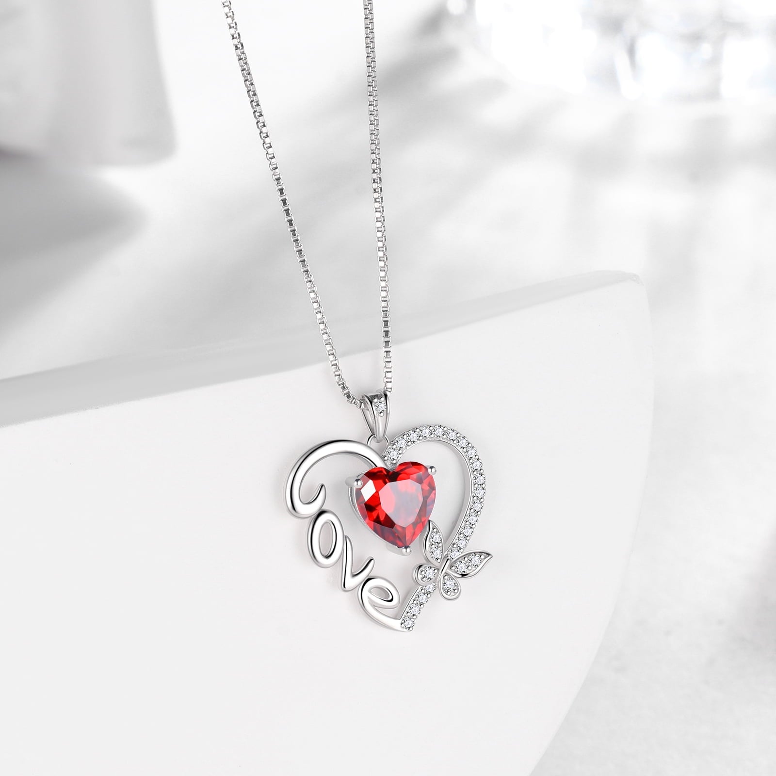 Women Red Love Heart Necklace Butterfly January Birthstone Necklace Garnet CZ 925 Sterling Silver Pendant Jewelry Mother Birthday Valentine's Day Gift - Aurora Tears