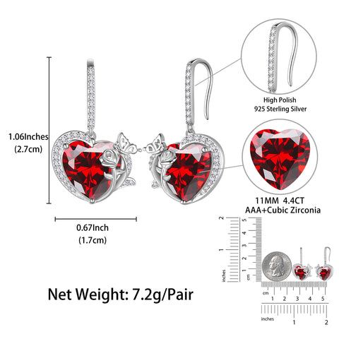 Women January Birthstone Dangle Drop Earrings Heart Garnet Red Butterfly Rose Flower 925 Sterling Silver Hook Jewelry Mom Birthday Gift - Aurora Tears