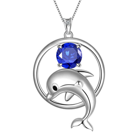 Juwaliy 925 Sterling Silver Cute Dolphin Necklace for Women Birthstone Pendant Sea Animal Jewelry Gifts - Aurora Tears
